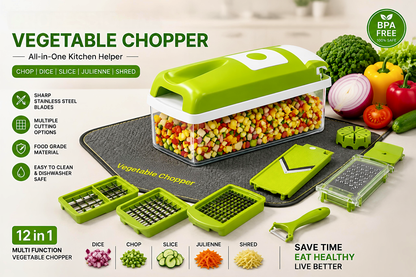 12 in 1 Multi-Purpose Vegetable & Fruit Chopper | Premium Stainless Steel Blades | BPA Free Kitchen Chopper